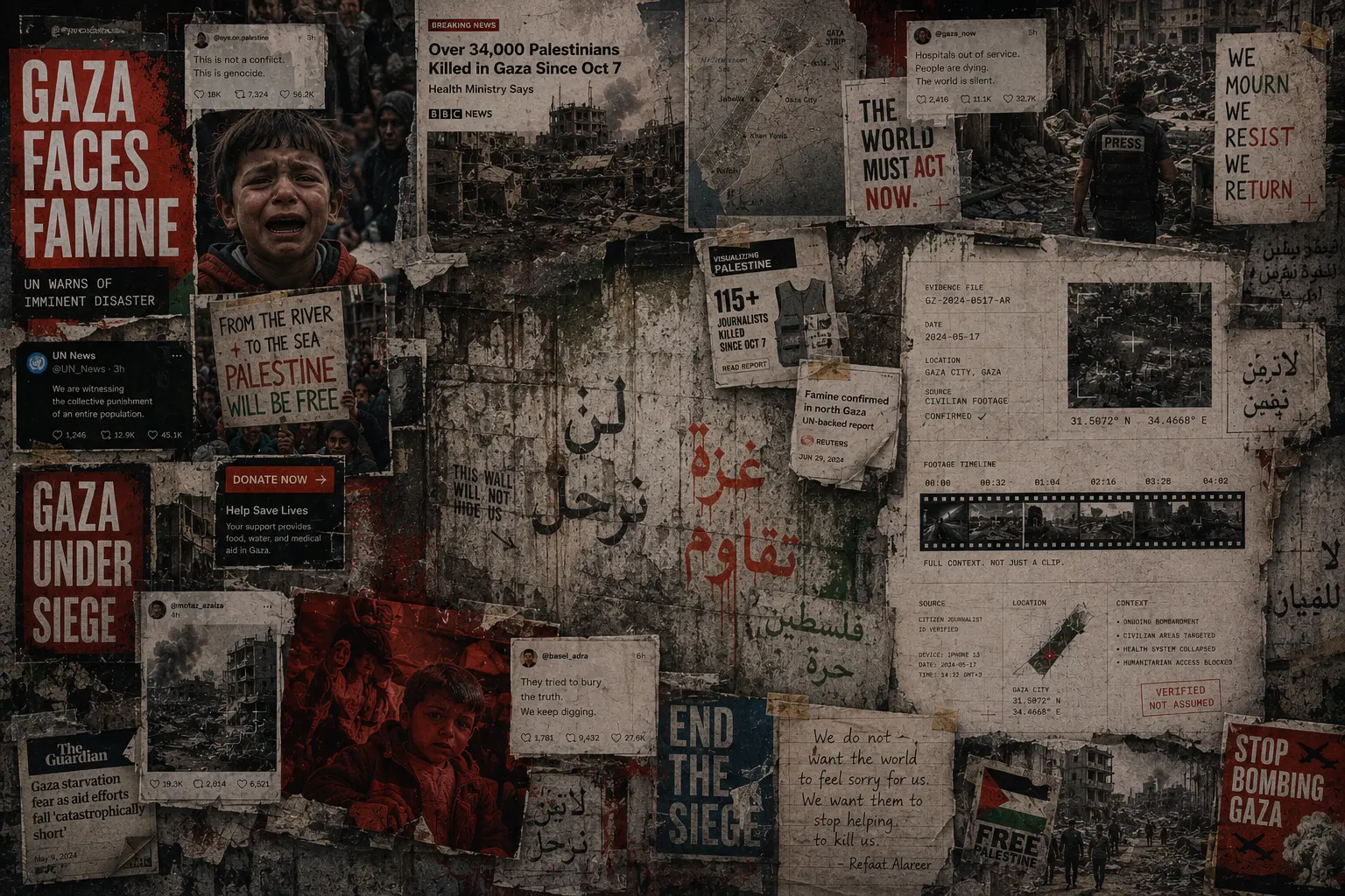 Collage of headlines, social posts and slogans forming the public narrative of the war