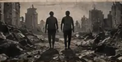 Two figures walking through rubble